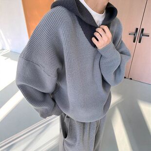 灰色风毛衣外套高级感秋冬休闲慵懒搭穿套头宽松韩系针织衫连帽男