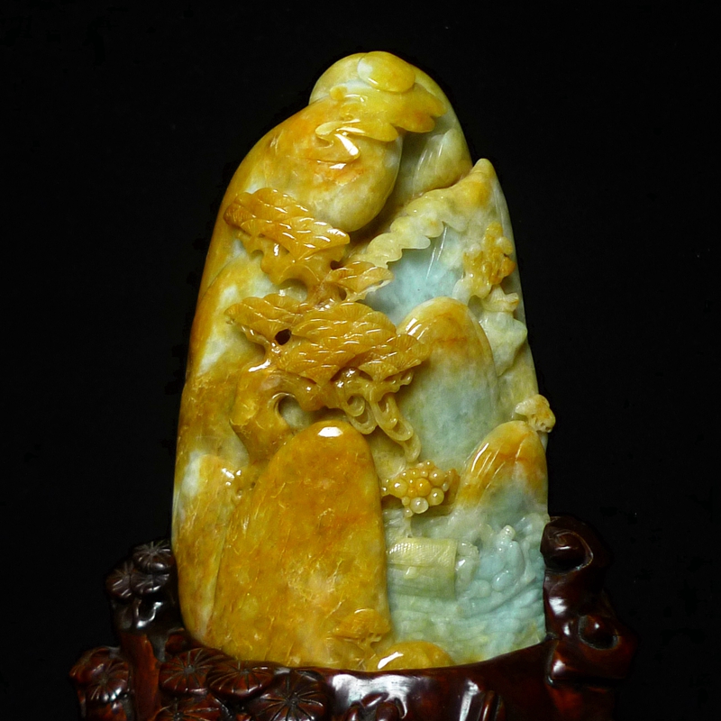 缅甸老坑天然A货招财纳福黄日依山流水糯种精雕翡翠黄翡山水摆件