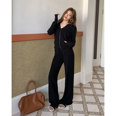 2025秋冬季新款修身德绒.短款连帽卫衣外套女休闲长裤慵懒两件套