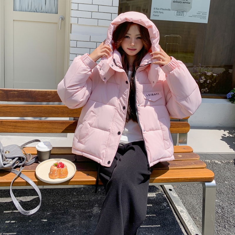 新款短款小个子韩版宽松纯色加厚时尚连帽立领面包服保暖棉服外套