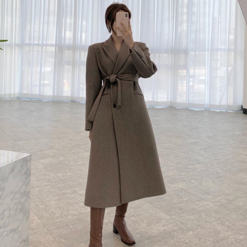 韩国chic冬季新款法式气质呢子大衣系带收腰宽松显瘦百搭外套女