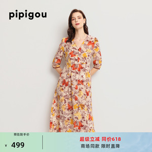 皮皮狗夏季新款 碎花真丝连衣裙五分袖蝴蝶印花V领桑蚕丝长裙