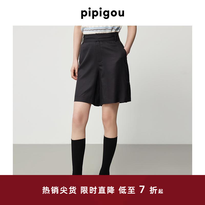 皮皮狗25夏新品女装对称口袋桑蚕丝休闲中裤