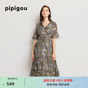 皮皮狗夏季新款碎花真丝连衣裙短袖V领印花高腰桑蚕丝长裙