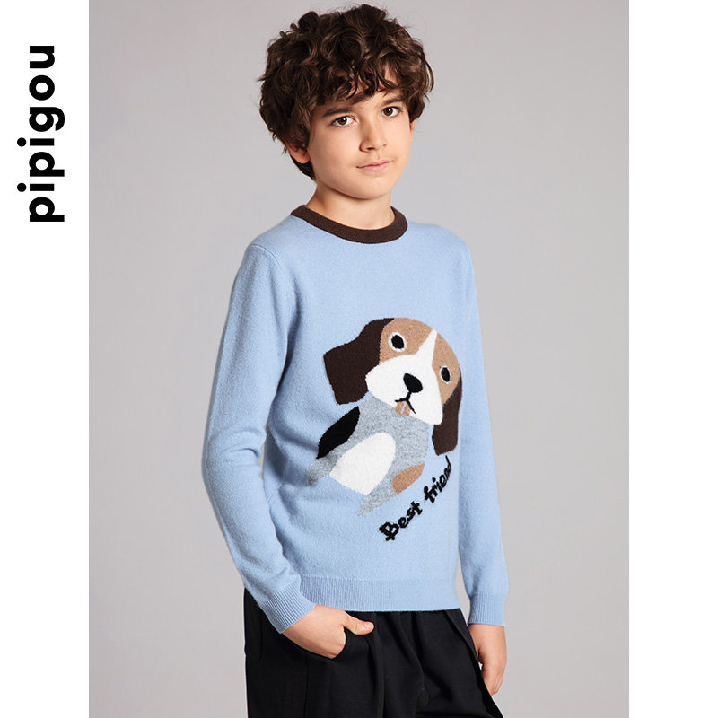 皮皮狗秋冬新款童装羊绒衫圆领卡通撞色提花打底男女童针织衫