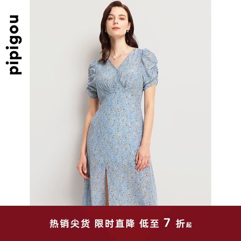 皮皮狗夏季新款V领泡泡袖高腰印花真丝连衣裙桑蚕丝中长款A字裙