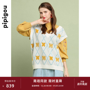 皮皮狗早秋新款 立体蝴蝶圈圈绒嵌花女士针织羊绒背心马甲