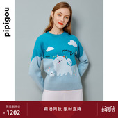 皮皮狗秋冬圆领芝麻点纯羊绒衫 女针织双色拼接套头上衣