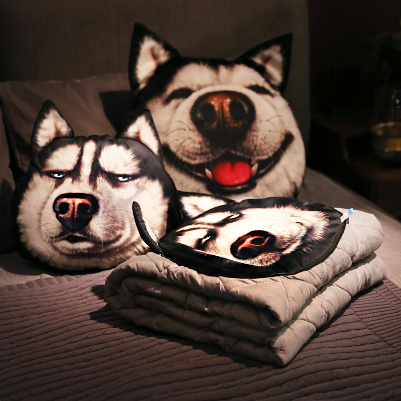 网红二哈士奇抱枕被子两用办公室午休枕头毯子靠垫靠枕汽车载神器
