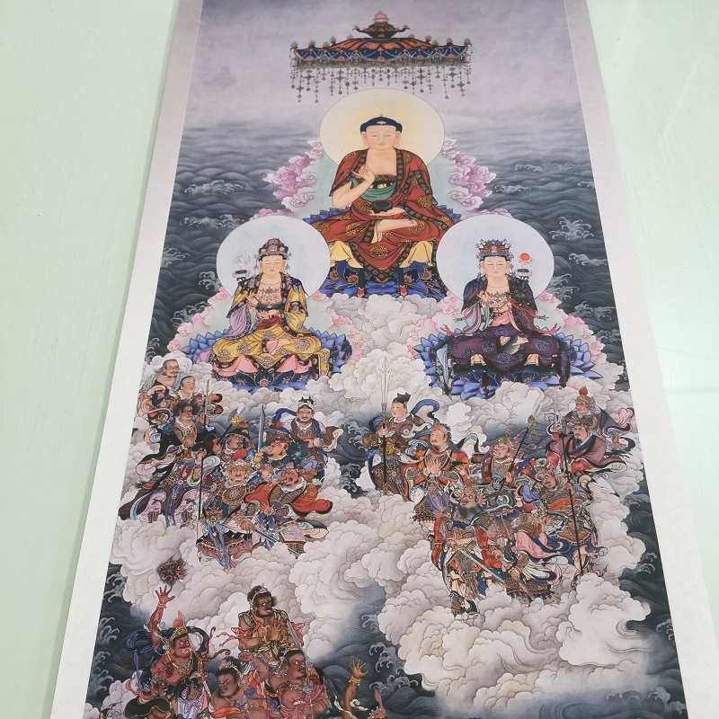 夏荆山 东方三圣 复古书画人物佛像国画真迹微喷仿古装裱挂轴装饰