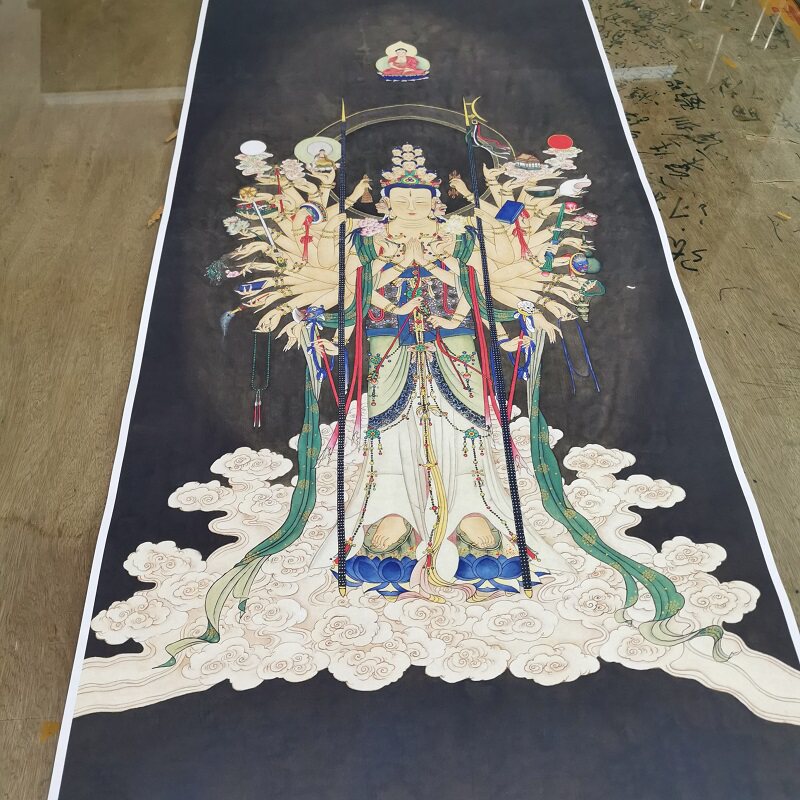 夏荆山千手观音菩萨像复古书画人物国画真迹微喷仿古装裱挂轴装饰