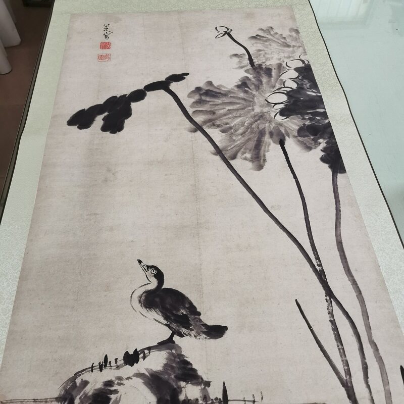 八大山人朱耷荷花水禽图复古水墨书画国画真迹微喷仿古装裱装饰画