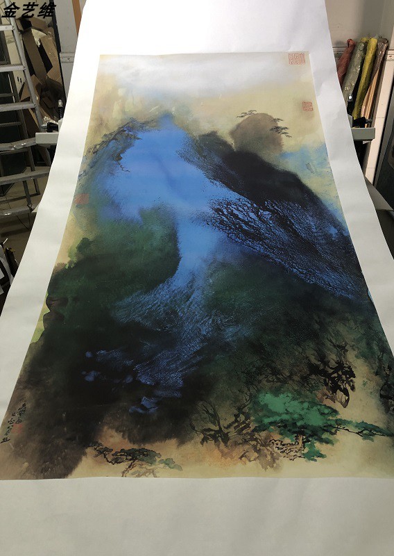 新中式张大千泼墨青绿山水画客厅书房玄关中堂挂画 松风晓靄