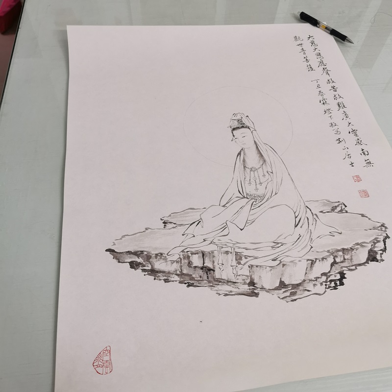 夏荆山白描观音复古佛像挂轴书画