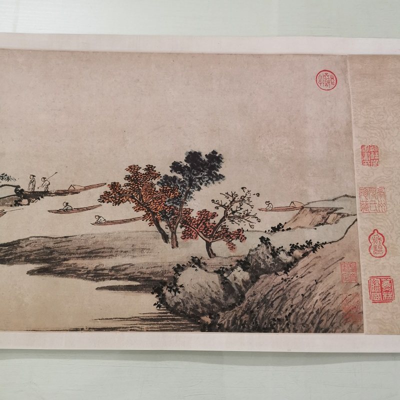 沈周 江邨渔乐图卷 复古书画山水国画真迹微喷仿古画芯手卷装饰画