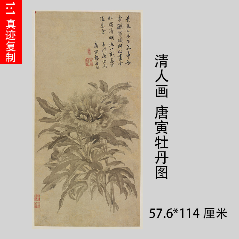 唐伯虎  唐寅牡丹图 复古字画书画真迹微喷仿古挂画复制品 装饰画