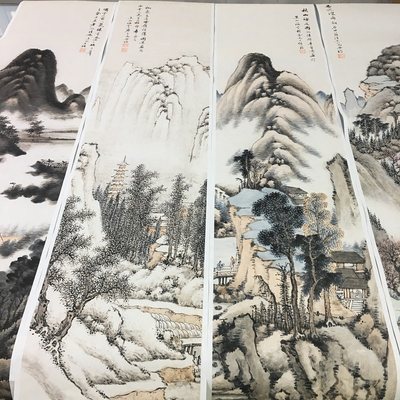 明俭山水四条屏 复古字画真迹艺术微喷复制品书房酒店客厅装饰画