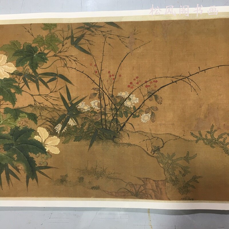 钱选花鸟图卷 复古书画真迹花卉工笔国画微喷仿古复制长卷装饰画