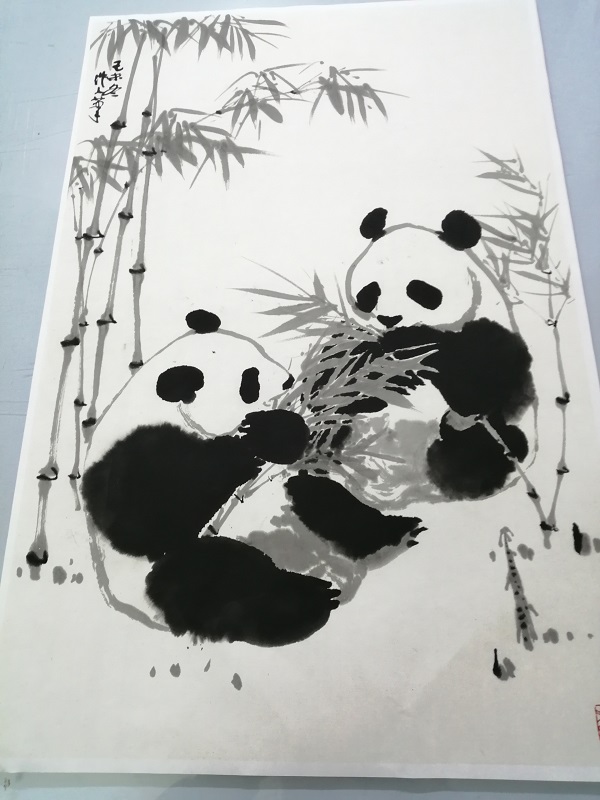 吴作人 双熊猫 国画水墨动物画客厅办公室装饰画挂画墙画复制临摹