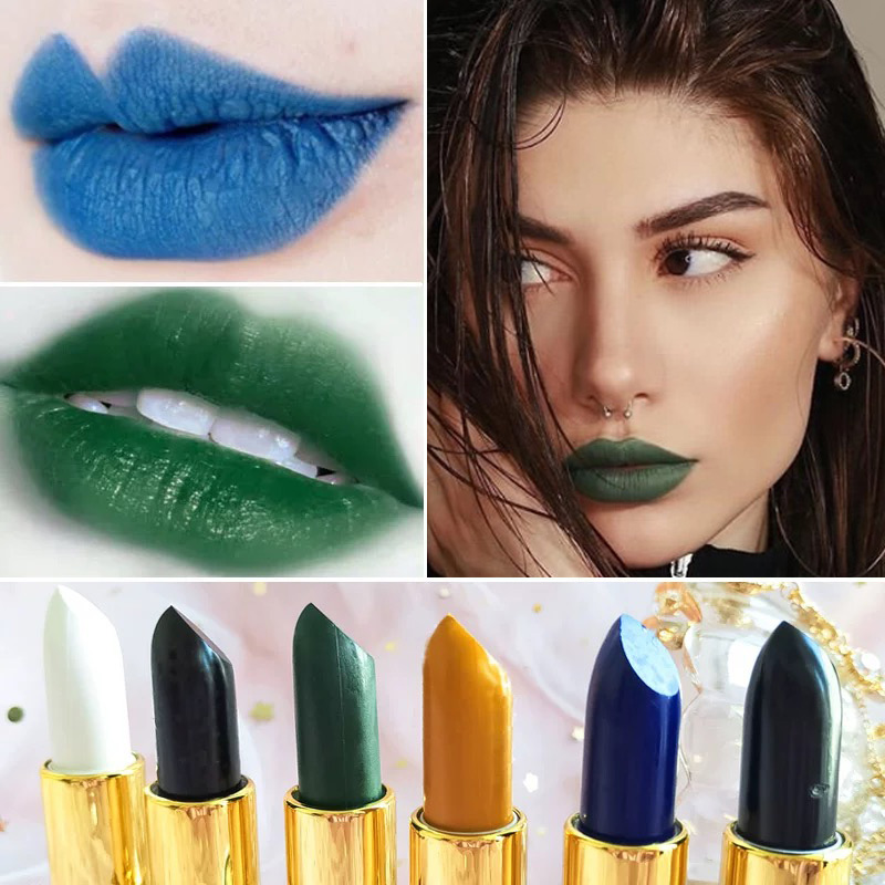 COS万圣节黑色口红吸血鬼中毒妆黑紫色白色黄蓝色墨绿作妖色唇膏