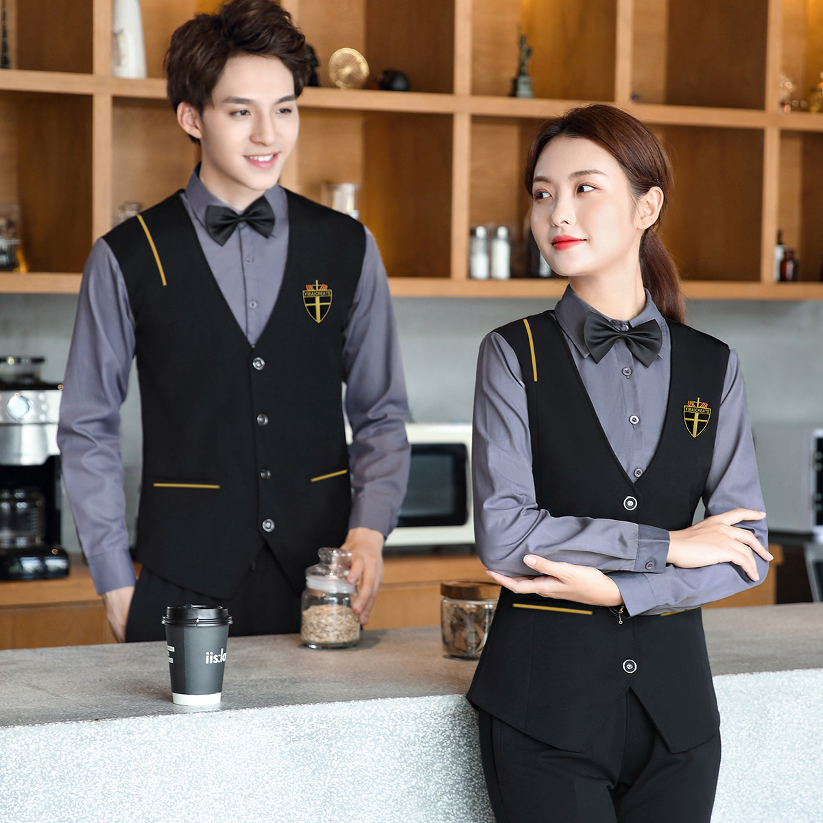 酒吧KTV服务员工作服西餐饮酒店夜场会所影院假马甲套装定制logo