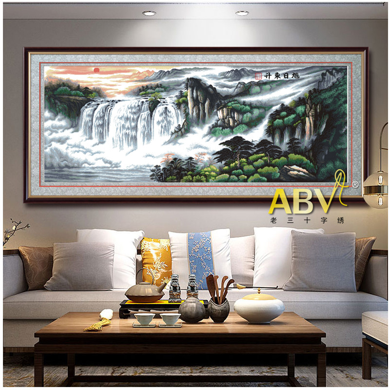 abv老三十字绣埃及长绒棉绣线精准印花大幅山水风景旭日东升