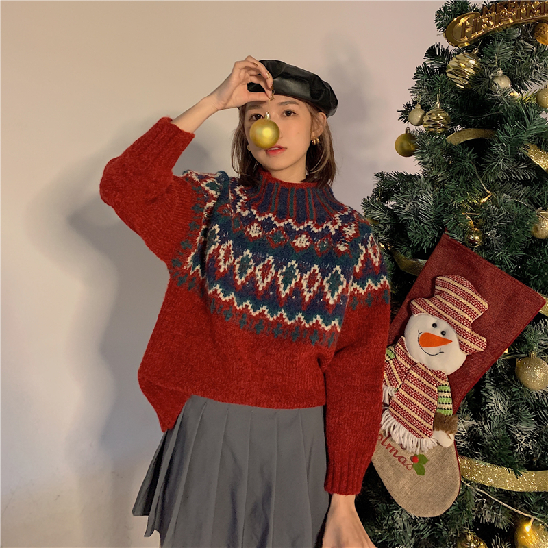 Real price ~ Korean version loose half high collar retro pattern casual versatile warm sweater sweater