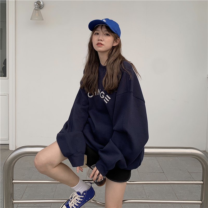 ! Real shot real price ~ loose casual letter embroidery medium length Plush thickened long sleeve sweater