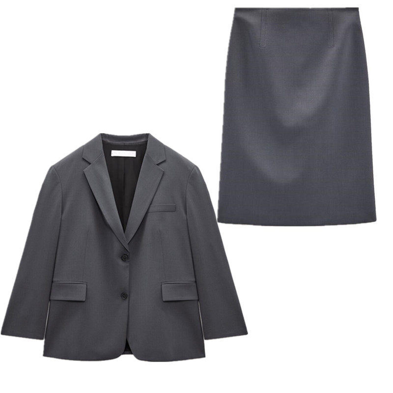 traf商城 新款职业宽松羊毛混纺西装高腰直筒裙 2488408 2120408