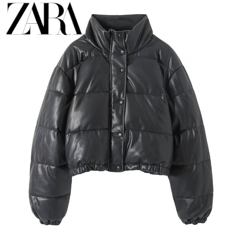 traf商城 黑色短款小个子拉链面包服立领仿皮夹克棉服04341757800