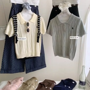 针织衫 韩风老钱感polo领小刺绣麻花短袖 女春夏薄柔软羊毛外穿上衣
