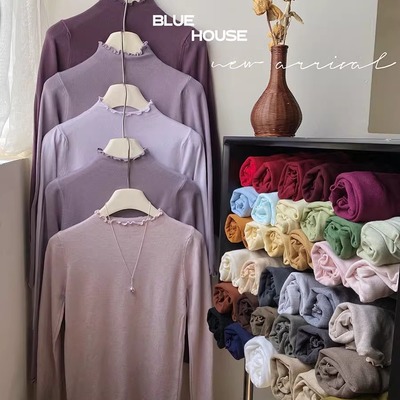 糯米木耳边长袖净色针织衫女秋冬