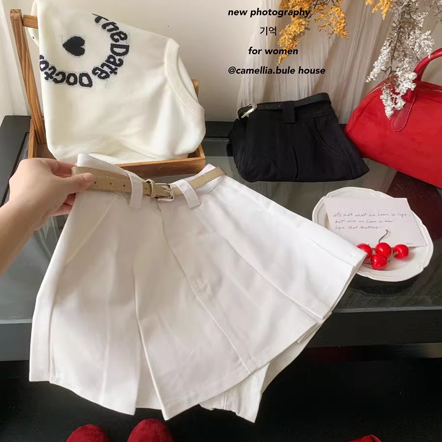 衣橱经典黑白双色牛仔短裤裙女夏高腰A字小个子防走光开叉半身裙