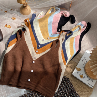 丰富穿搭层次 针织背心马夹女春秋叠穿毛衣吊带马甲 珠扣高腰短款