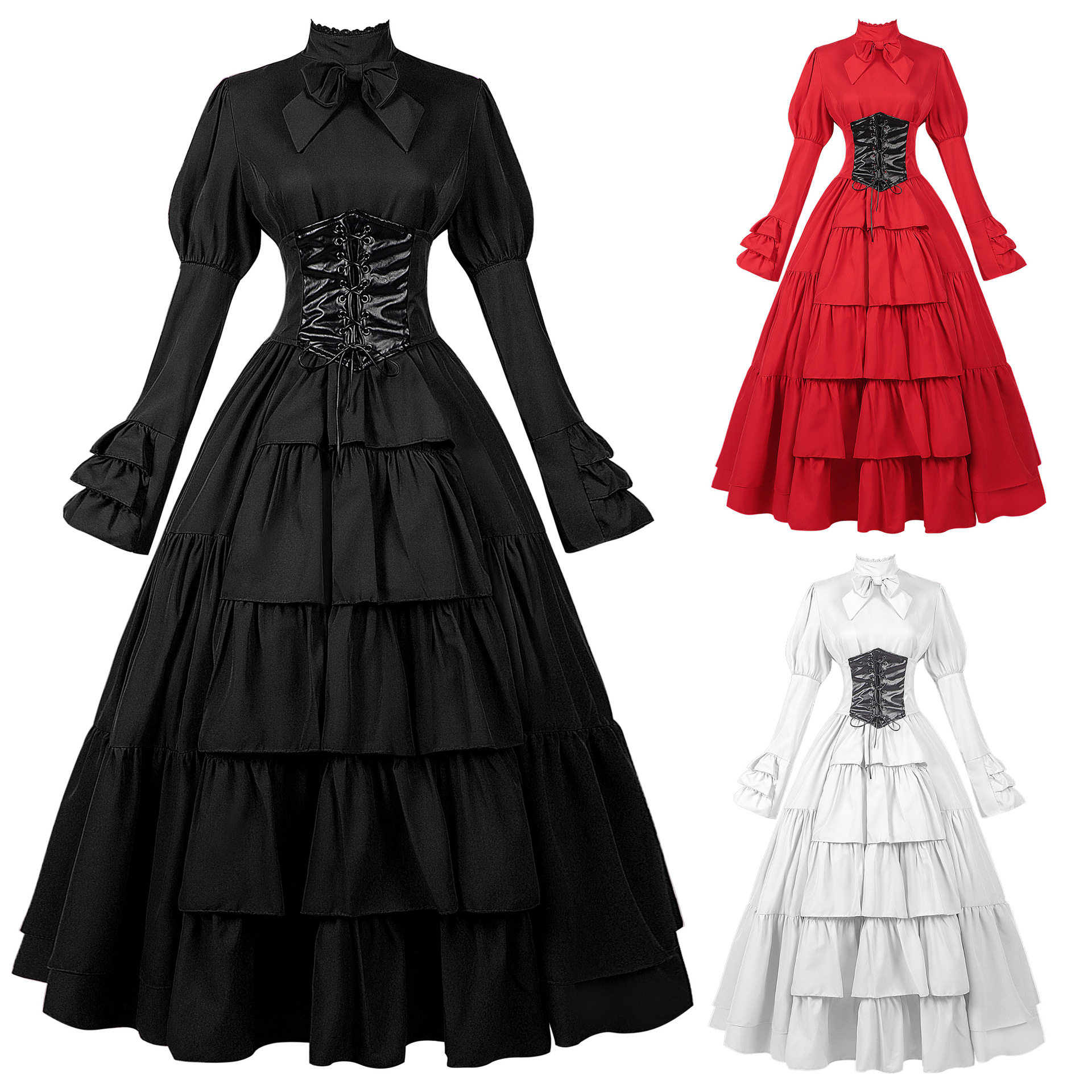 万圣节中世纪复古纯色长袖长款连衣裙 女士舞台表演服装收腰长裙