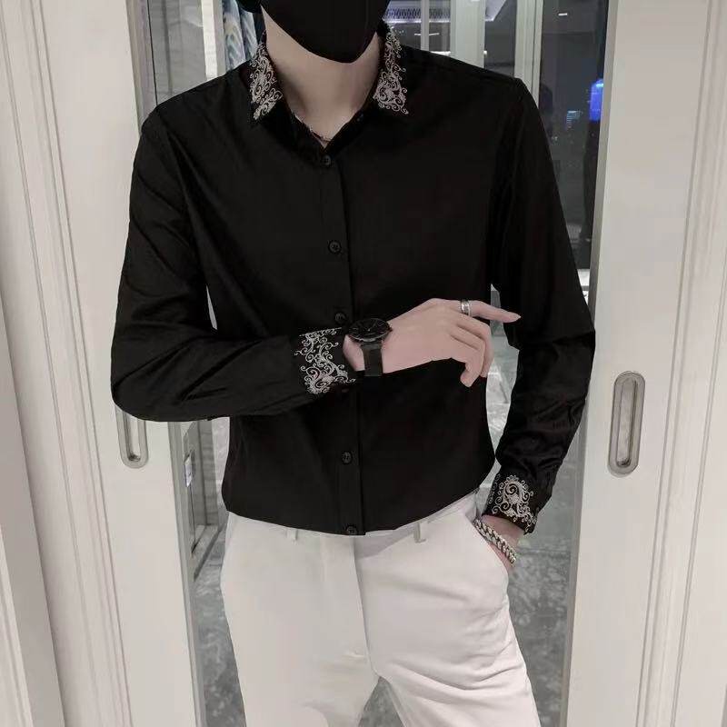 春秋刺绣衬衫男士韩版修身潮流免烫抗皱秋装商务休闲寸衫痞帅衬衣