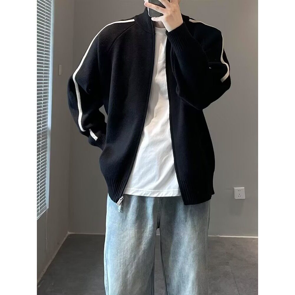 拉链运动条纹开衫毛衣男韩版宽松潮流时尚日系复古简约纯色针织衫