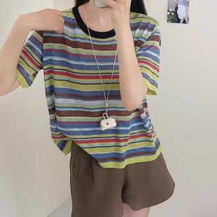 寬松薄款 HLY彩虹條紋撞色圓領短袖 亞麻針織衫 女早秋新款 氣質上衣