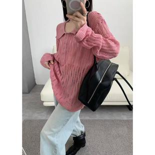 女2025春秋新款 828韩系软糯polo领针织衫 宽松显瘦百搭镂空上衣潮
