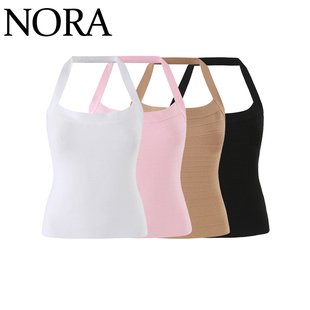 NORA 欧美风 ZA女装 新款法式气质百搭纯色挂脖高弹针织背心上衣