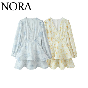 NORA 欧美风 ZA女装 新款法式风百搭V领收腰印花蛋糕长袖连衣裙