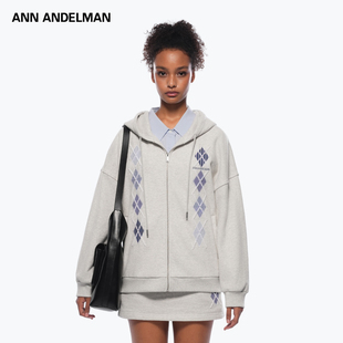 外套休闲套装 ANN 撞色菱形格连帽卫衣拉链开衫 新款 ANDELMAN秋装