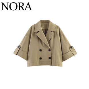 NORA 欧美风 ZA女装 新款时尚气质宽松双排扣卷边袖短风衣3046229