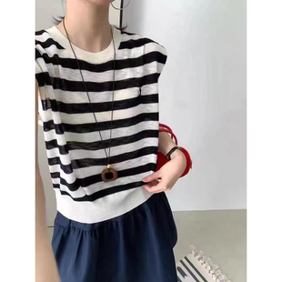 时尚 O欧洲站早秋新款 卡通刺绣圆领条纹针织背心女上衣ins微透马甲