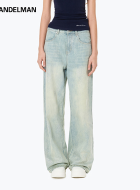 ANN ANDELMAN官方直营蓝色宽松设计感休闲阔腿直筒长裤烫钻牛仔裤