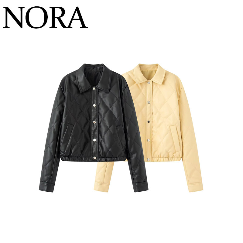 摩登气质绗缝短款翻领PU棉服外套