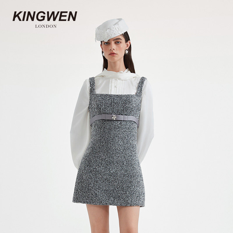 【李凯馨同款】KINGWEN25冬季方领粗花呢连衣裙女名媛千金小香风