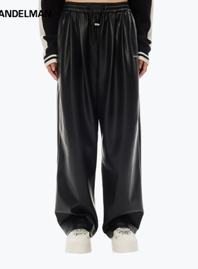 ANN ANDELMAN官方直营黑色松紧腰休闲皮裤橡筋抽绳直筒宽松阔腿裤