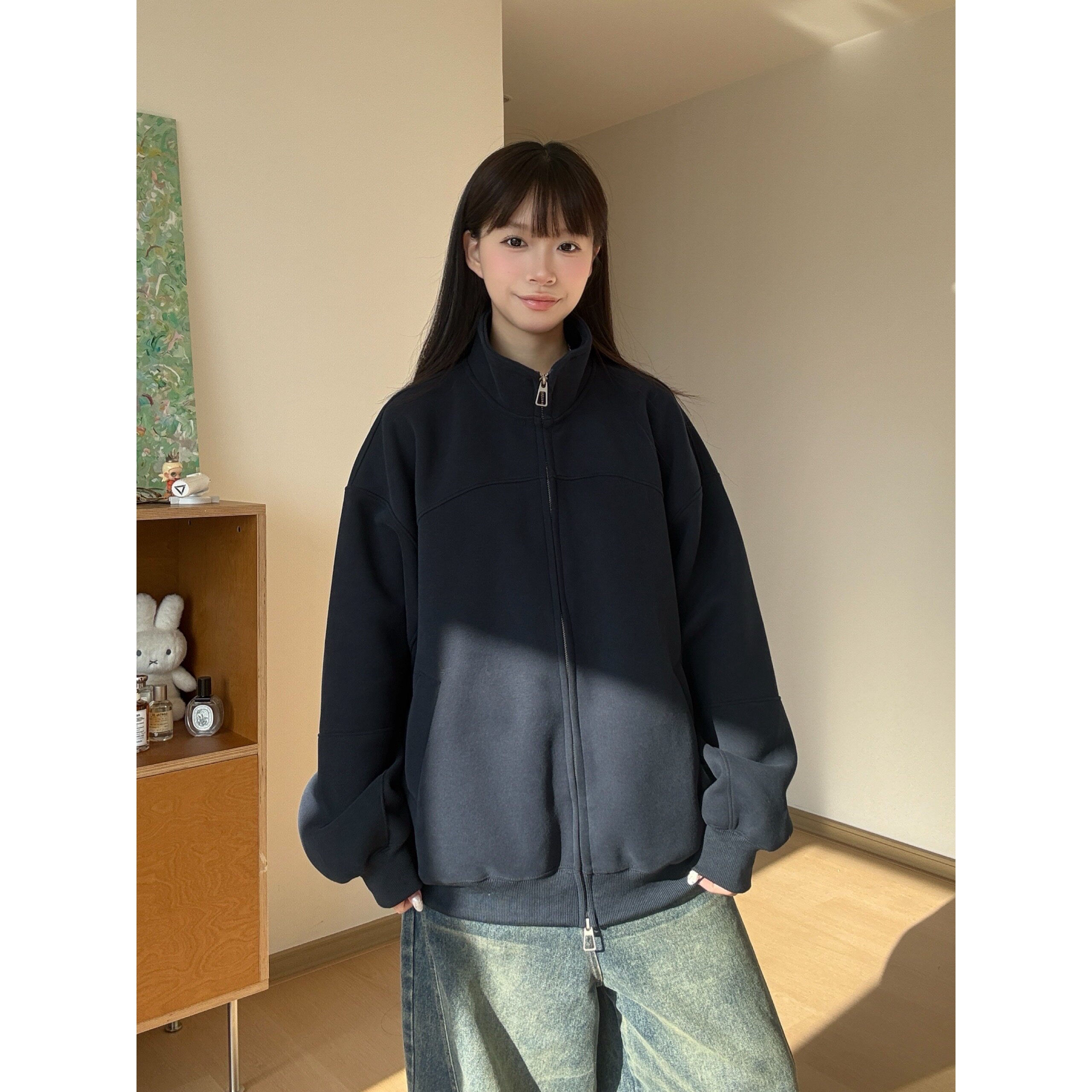 韩式秋冬新款立领卫衣男女情侣宽松休闲百搭潮牌高级感拉链外套潮