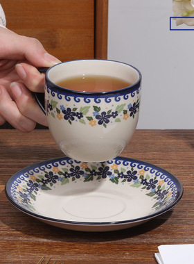 顺祥波兰瓷韵复古花卉陶瓷咖啡杯碟套装轻奢蓝色下午茶精致女杯子